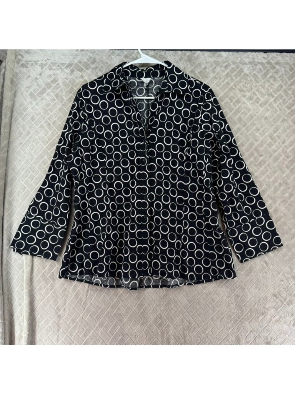 Harve Bernard Blouse Dress Shirt Womens XL Black Polka Dot Long Sleeve Button Up